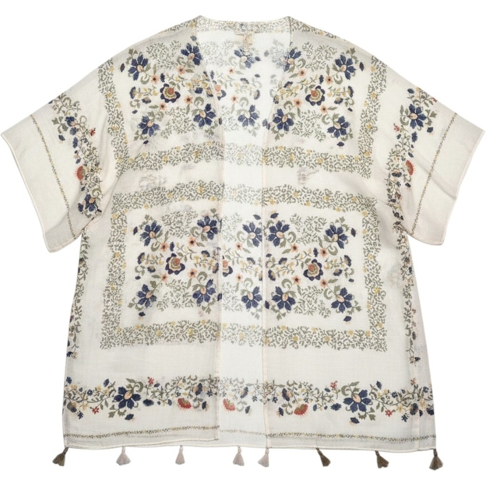 Floral Kimono Topper Open Front Festival Beach Layer Tassel Trim Boho One Size‎